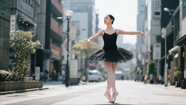 Ballerina, fashion or woman with dancing in street for contemporary performance, balance or creative expression. Culture, japanese dancer or ballet choreography in city with pointe, talent or recital