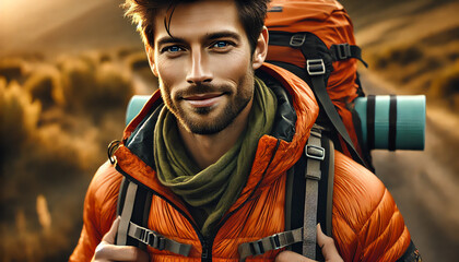 A rugged male adventurer with short, tousled brown hair, a light beard, and striking blue eyes smiles confidently at the camera
