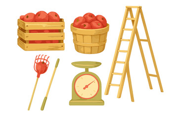 Fresh red apples in wooden crate and bushel basket with ladder, picker tool, and vintage scale for autumn harvest
