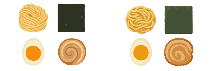 Assortment of classic ramen ingredients featuring golden noodles, a perfectly cooked soft-boiled egg, dark green seaweed, and savory chashu pork slices