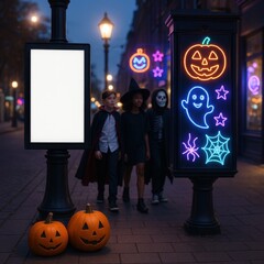 Photorealistic mockup of city street with lamppost and bulletin board in neon Halloween glow with pumpkins and empty white poster frame.