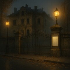 Photorealistic mockup of an abandoned mansion with wrought iron gate, autumn leaves, mist, and empty white poster frame.