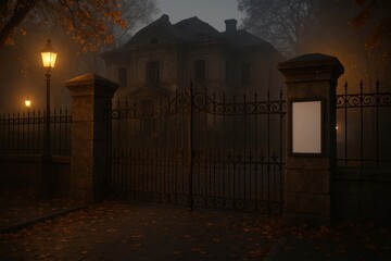 Photorealistic mockup of an abandoned mansion with wrought iron gate, autumn leaves, mist, and empty white poster frame.