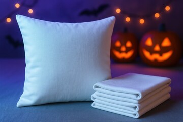 Photorealistic mockup of square pillow with Halloween neon glow, pumpkins, and festive cozy background.