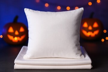 Photorealistic mockup of square pillow with Halloween neon glow, pumpkins, and festive cozy background.