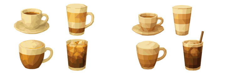 Collection of hot and cold coffee beverages espresso latte and iced coffee in low poly geometric style