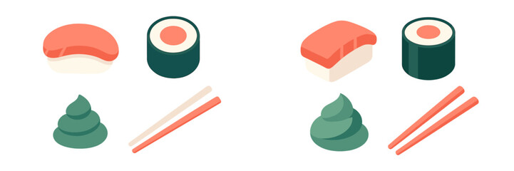 Traditional Japanese sushi, maki rolls, wasabi, and chopsticks for Asian cuisine and restaurant design © icon_art