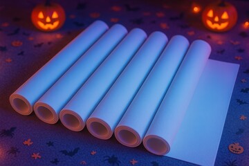 Photorealistic mockup of plain white fabric roll with Halloween neon glow.