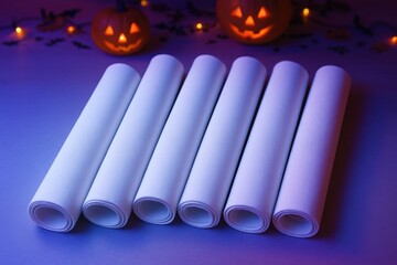 Photorealistic mockup of plain white fabric roll with Halloween neon glow.