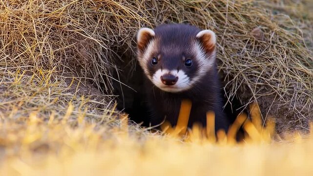 European Polecat Emerging From Den with Nature, Wildlife, and Portrait.