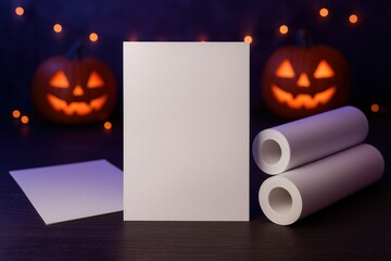 Photorealistic mockup of plain white paper sheets and rolls with Halloween neon atmosphere.