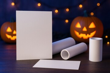 Photorealistic mockup of plain white paper sheets and rolls with Halloween neon atmosphere.