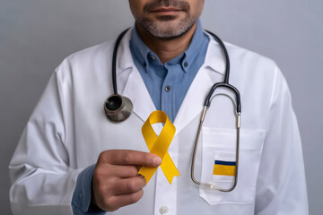 Doctor in white coat holding yellow ribbon, isolated stock photo with transparent background for health awareness campaigns
