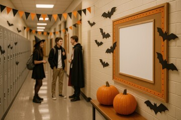 Photorealistic school corridor decorated for Halloween with pumpkins, garlands, teens in costumes, and empty white poster frame.