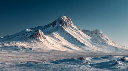 Majestic mountains covered in snow bask in sunlight. Ideal for adventure, travel, or nature themes in marketing, web design, or editorial content.