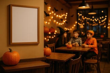 Photorealistic café interior decorated for Halloween with pumpkins, string lights, children or teens in costumes, and empty white poster frame.