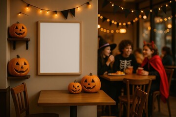 Photorealistic café interior decorated for Halloween with pumpkins, string lights, children or teens in costumes, and empty white poster frame.