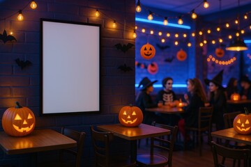 Photorealistic mockup of café interior with neon Halloween decorations, pumpkins, string lights, and empty white poster frame.