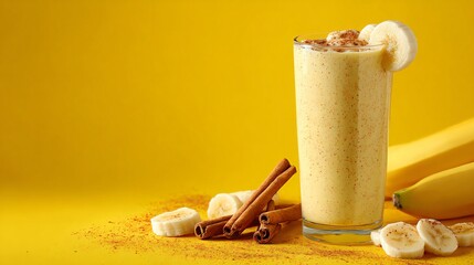 Banana cinnamon milkshake in tall glass, bright yellow background, scattered banana slices and cinnamon sticks, bold style, copy space