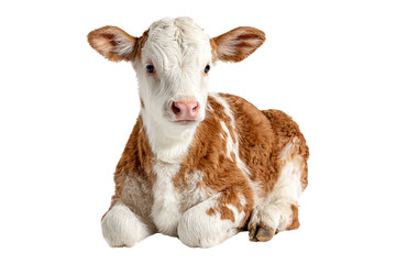 Adorable brown and white calf lying down isolated on transparent background, looking at the camera with curiosity