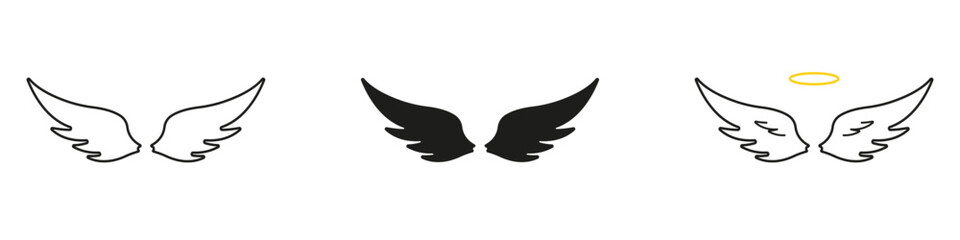 Obraz premium Angel Wings And Halo Line And Solid Icon Set. Spirituality, Protection, And Guardian Symbol Outline And Silhouette Collection. Celestial And Divine Concept. Isolated Vector Illustration