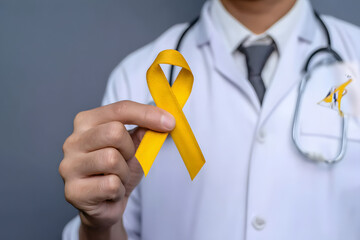 Doctor in white coat holding yellow ribbon, isolated stock photo with transparent background for health awareness campaigns
