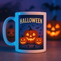Photorealistic mockup of ceramic mug with Halloween neon design.