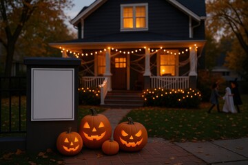 Photorealistic mockup of an American suburban house decorated for Halloween with pumpkins, lights, and children playing in warm autumn evening. Empty white poster frame for customization.