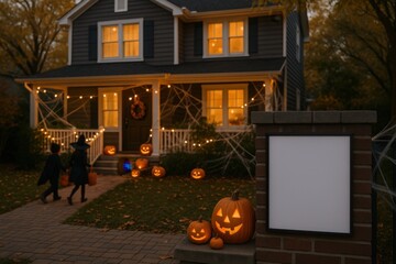 Photorealistic mockup of an American suburban house decorated for Halloween with pumpkins, lights, and children playing in warm autumn evening. Empty white poster frame for customization.