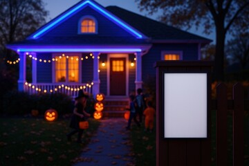 Photorealistic mockup of American suburban house decorated for Halloween with neon lights, pumpkins, and empty white poster frame.