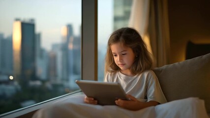 A girl learning with a digital tablet with a tablet with a screen and a modern room with views soft natural light reflecting off the screen’s light and the views’ skyline. three - Powered by Adobe