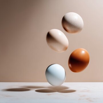 Low competition stock niche &ndash; Floating Eggs with Shadows on Minimalist Background &mdash; conceptual food art, high-contrast still life, minimal aesthetic lighting for creative editorial use
