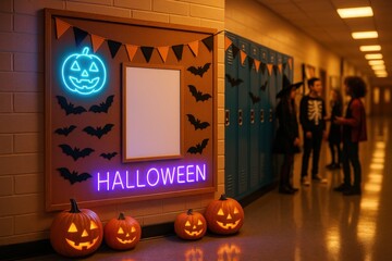 Photorealistic mockup of school corridor decorated with neon Halloween accents, pumpkins, and empty white poster frame on bulletin board.