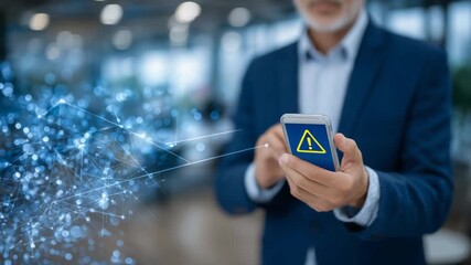 A businessman showcases a smartphone with a digital warning icon, set against a futuristic backdrop of glowing network connections. - Powered by Adobe