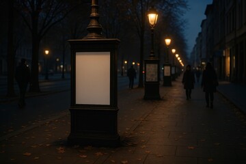 Photorealistic mockup of city street at twilight with lamppost and bulletin board, autumn leaves, pedestrians, and empty white poster frame.