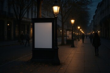 Photorealistic mockup of city street at twilight with lamppost and bulletin board, autumn leaves, pedestrians, and empty white poster frame.