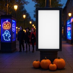 Photorealistic mockup of city street with lamppost and bulletin board in neon Halloween glow with pumpkins and empty white poster frame.