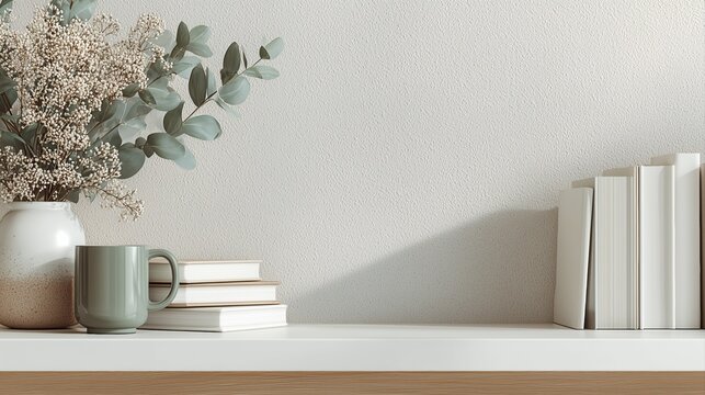 Low competition stock niche – Minimalist Shelf with Eucalyptus, Books, and Ceramic Mug in Modern Home Decor