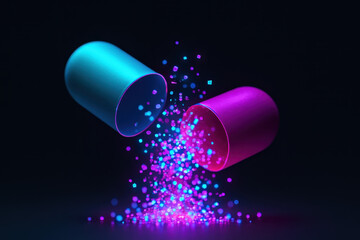 Capsule Innovation: A mesmerizing 3D rendering showcases a capsule unleashing a vibrant cascade of luminous particles, symbolizing health, technology, and scientific breakthroughs.