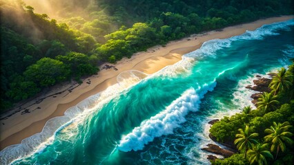 Obraz premium Tropical beach with turquoise ocean waves and lush green jungle at sunrise 