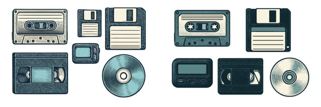 Nostalgic collection of retro media storage and vintage communication technology including audio cassettes floppy disks VHS tapes and a pager