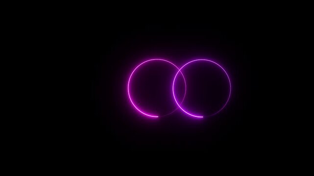 Two infinity glowing neon rings of colorful cyan circles intertwined and spinning infinity symbol or logo icon - circle, round, ring shape frame glowing neon lights.4k video black background,