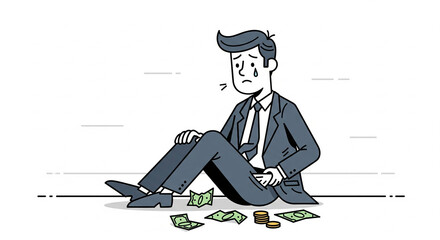 Cartoon illustration of businessman sitting on the floor with empty pockets, depicting bankruptcy, economic crisis, loss of savings, and financial failure in flat vector style.