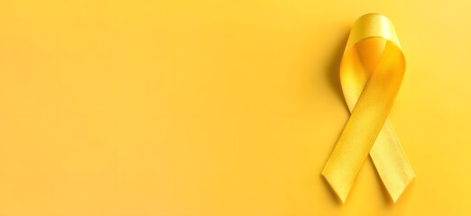 Yellow ribbon on flat yellow background, symbolizing cancer awareness with copy space for health campaigns and design use
