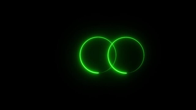 Two infinity glowing neon rings of colorful cyan circles intertwined and spinning infinity symbol or logo icon - circle, round, ring shape frame glowing neon lights.4k video black background,