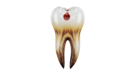 Isolated molar tooth with dark brown staining and a small droplet of blood on top section