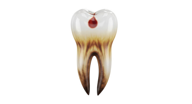 Isolated molar tooth with dark brown staining and a small droplet of blood on top section