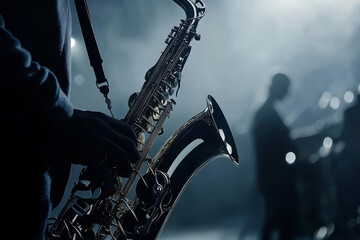 hands with saxophone on dark background with copy space