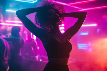 woman dancing in disco with neon light