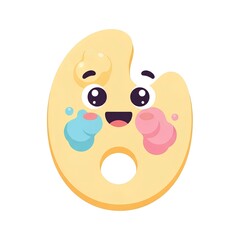 Fototapeta premium Cheerful artist's paint palette mascot with a cute smiling face and colorful paint splatters. Vector illustration for creative and educational concepts